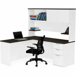 Bestar® L-Desk with Hutch - White and Deep Gray - Pro-Concept Plus Series