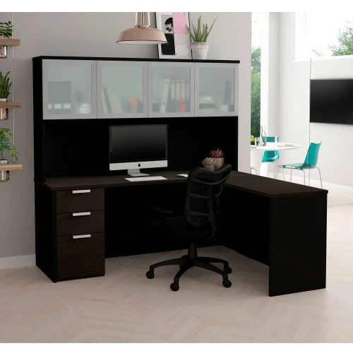 Bestar® L-Desk with Frosted Glass Door Hutch - Deep Gray and Black - Pro-Concept Plus Series 2 Bestar® L-Desk with Frosted Glass Door Hutch - Deep Gray and Black - Pro-Concept Plus Series - Image 2