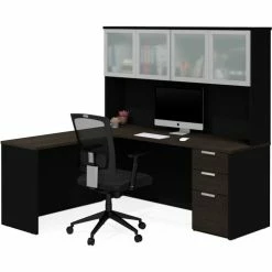 Bestar® L-Desk with Frosted Glass Door Hutch - Deep Gray and Black - Pro-Concept Plus Series
