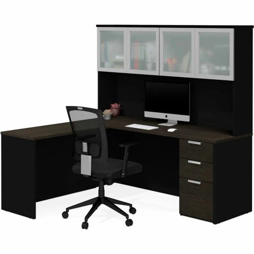 Bestar® L-Desk with Frosted Glass Door Hutch - Deep Gray and Black - Pro-Concept Plus Series 1 Bestar® L-Desk with Frosted Glass Door Hutch - Deep Gray and Black - Pro-Concept Plus Series