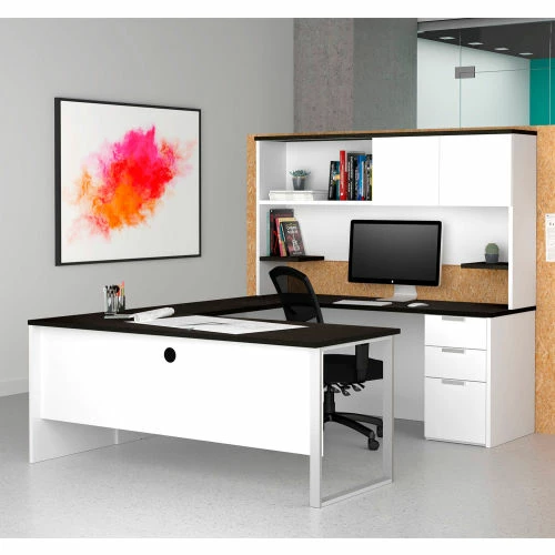 Bestar® U-Desk with Hutch - White and Deep Gray - Pro-Concept Plus Series 2 Bestar® U-Desk with Hutch - White and Deep Gray - Pro-Concept Plus Series - Image 2
