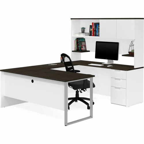 Bestar® U-Desk with Hutch - White and Deep Gray - Pro-Concept Plus Series 1 Bestar® U-Desk with Hutch - White and Deep Gray - Pro-Concept Plus Series