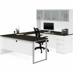 Bestar® U-Desk with Frosted Glass Door Hutch - White and Deep Gray - Pro-Concept Plus Series