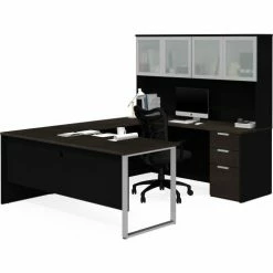 Bestar® U-Desk with Frosted Glass Door Hutch - Deep Gray and Black - Pro-Concept Plus Series