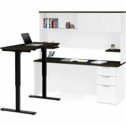 Bestar® Height Adjustable L-Desk with Hutch - White and Deep Gray - Pro-Concept Plus Series