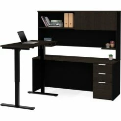 Bestar® Height Adjustable L-Desk with Hutch - Deep Gray and Black - Pro-Concept Plus Series