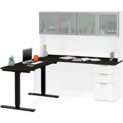 Bestar® Height Adjustable L-Desk with Frosted Hutch - White and Deep Gray - Pro-Concept Plus -Outlet Desks & Workstations Store 110897 17 2