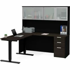 Bestar® Height Adjustable L-Desk with Frosted Hutch - Deep Gray and Black - Pro-Concept Plus -Outlet Desks & Workstations Store 110897 32 2