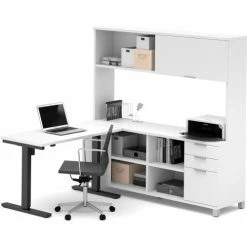 Bestar® L-Desk with Hutch and Electric Height Adjustable Table - White - Pro-Linea Series -Outlet Desks & Workstations Store 120858 17 2