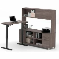 Bestar® L-Desk with Hutch and Electric Height Adjustable Table - Bark Gray - Pro-Linea Series
