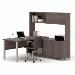 Bestar® L Desk with Sliding-Door Hutch - 71" - Bark Grey - Pro-Linea Series