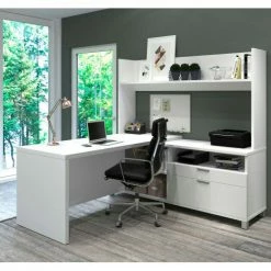 Bestar® L-Desk with Open Hutch - White - Pro-Linea Series