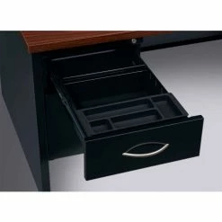Hirsh Industries® Modular Steel Credenza - Single Left Pedestal - 72 x 24 - Black/Walnut -Outlet Desks & Workstations Store 20555 24x72 Left Hand Single Credenza Arch Handle Drawer 2 Black Cab Walnut Top Jan2017 hri