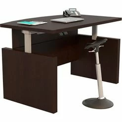 Safco® Aberdeen Height-Adjustable Desk, Bow Front w/Base, 42"D x 72"W, Mocha -Outlet Desks & Workstations Store 24950 ABDH7242LDC Propped