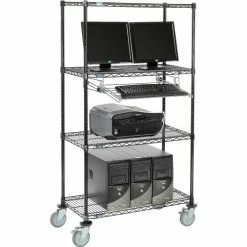 Nexel™ 4-Shelf Mobile Wire Computer LAN Workstation w/ Keyboard Tray, 36"W x 18"D x 69"H, Black