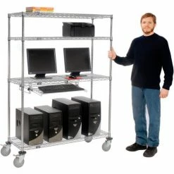 Nexel™ 4-Shelf Mobile Wire Computer LAN Workstation w/Keyboard Tray, 48"W x 18"D x 69"H, Chrome -Outlet Desks & Workstations Store 250114 02