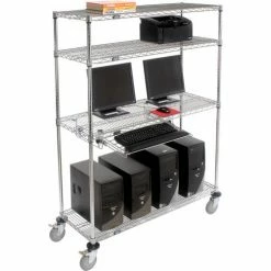Nexel™ 4-Shelf Mobile Wire Computer LAN Workstation w/Keyboard Tray, 48"W x 18"D x 69"H, Chrome -Outlet Desks & Workstations Store 250114 03