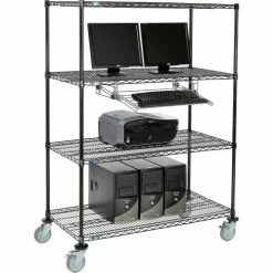 Nexel™ 4-Shelf Mobile Wire Computer LAN Workstation w/ Keyboard Tray, 48"W x 24"D x 69"H, Black