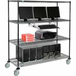 Nexel™ 4-Shelf Mobile Wire Computer LAN Workstation w/ Keyboard Tray, 60"W x 24"D x 69"H, Black