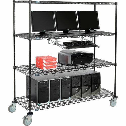 Nexel 4-Shelf Mobile Wire Computer LAN Workstation w/ Keyboard Tray, 60"W x 24"D x 69"H, Black 1 Nexel 4-Shelf Mobile Wire Computer LAN Workstation w/ Keyboard Tray, 60"W x 24"D x 69"H, Black