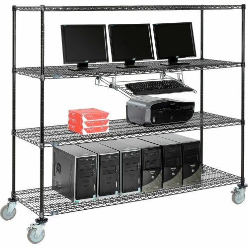 Nexel 4-Shelf Mobile Wire Computer LAN Workstation w/ Keyboard Tray, 72"W x 24"D x 69"H, Black 1 Nexel 4-Shelf Mobile Wire Computer LAN Workstation w/ Keyboard Tray, 72"W x 24"D x 69"H, Black