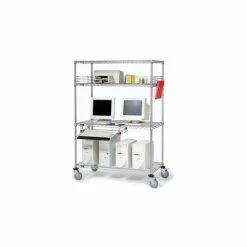Nexel™ 4-Shelf Mobile Wire Computer LAN Workstation w/Keyboard Tray, 60"W x 24"D x 69"H, Chrome
