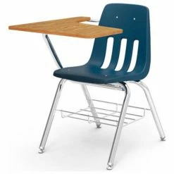 Virco® 9700br Classic Chair Desk- Med Oak Curve Top/Navy Seat/Chrome Frame - Pkg Qty 2