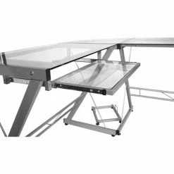 Comfort Products OneSpace 50-JN110400 Ultramodern Glass L-Shaped Computer Desk, Silver/Clear -Outlet Desks & Workstations Store 50 JN110400 KEYBOARD CLOSEUP