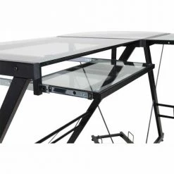 Comfort Products OneSpace 50-JN110500 Ultramodern Glass L-Shaped Computer Desk, Black/Clear -Outlet Desks & Workstations Store 50 JN110500 KEYBOARD CLOSEUP