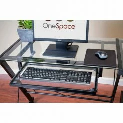 Comfort Products OneSpace 50-JN110500 Ultramodern Glass L-Shaped Computer Desk, Black/Clear -Outlet Desks & Workstations Store 50 JN110500 KEYBOARD DETAIL
