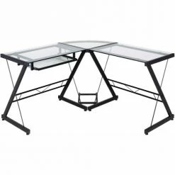 Comfort Products OneSpace 50-JN110500 Ultramodern Glass L-Shaped Computer Desk, Black/Clear