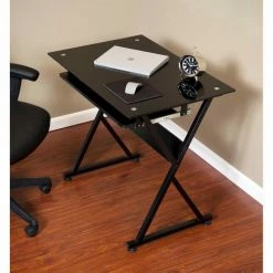 Comfort Products OneSpace 50-JN1205 Ultramodern Glass Computer Desk, with Pull-Out Keyboard Tray, Black -Outlet Desks & Workstations Store 50 JN1205 ARIAL LIFESTYLE