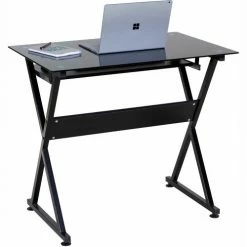 Comfort Products OneSpace 50-JN1205 Ultramodern Glass Computer Desk, with Pull-Out Keyboard Tray, Black -Outlet Desks & Workstations Store 50 JN1205 BACK R