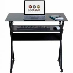 Comfort Products OneSpace 50-JN1205 Ultramodern Glass Computer Desk, with Pull-Out Keyboard Tray, Black -Outlet Desks & Workstations Store 50 JN1205 FRONT