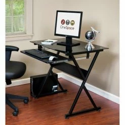 Comfort Products OneSpace 50-JN1205 Ultramodern Glass Computer Desk, with Pull-Out Keyboard Tray, Black -Outlet Desks & Workstations Store 50 JN1205 LIFESTYLE