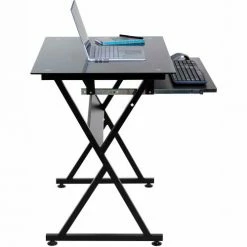 Comfort Products OneSpace 50-JN1205 Ultramodern Glass Computer Desk, with Pull-Out Keyboard Tray, Black -Outlet Desks & Workstations Store 50 JN1205 SIDE
