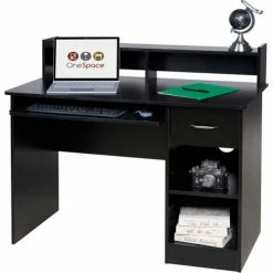 Comfort Products OneSpace 50-LD0105 Essential Computer Desk, Hutch with Pull-Out Keyboard, Black