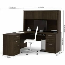 Bestar® L-Shaped Desk and Hutch - 66" - Dark Chocolate - Embassy Series -Outlet Desks & Workstations Store 60853 79 dims
