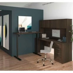 Bestar® L-Desk w/ Hutch and Electric Height Adjustable Table - Dark Chocolate - Embassy Series