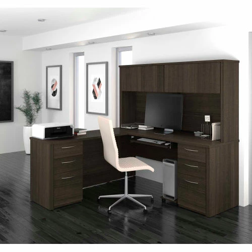 Bestar® L-Shaped Desk with Hutch - 71" - Dark Chocolate - Embassy Series 1 Bestar® L-Shaped Desk with Hutch - 71" - Dark Chocolate - Embassy Series