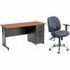 Interion By Global Industrial Interion® Office Desk and Leather Chair Bundle with 3 Drawer Pedestal - 60" x 24" - Cherry