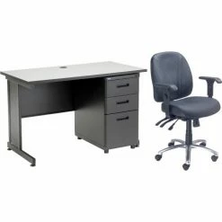 Interion By Global Industrial Interion® Office Desk and Leather Chair Bundle with 3 Drawer Pedestal - 48" x 24" - Gray