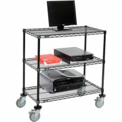 Nexel™ 3-Shelf Mobile Wire Computer LAN Workstation, 36"W x 18"D x 40"H, Black