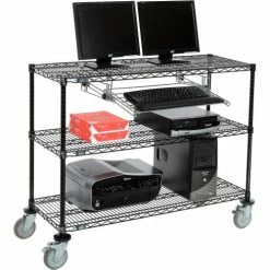 Nexel™ 3-Shelf Mobile Wire Computer LAN Workstation w/Keyboard Tray, 48"W x 18"D x 40"H, Black