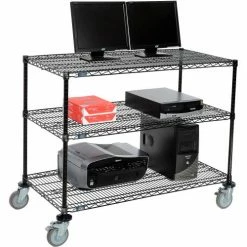 Nexel™ 3-Shelf Mobile Wire Computer LAN Workstation, 48"W x 24"D x 40"H, Black