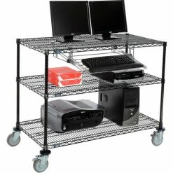 Nexel™ 3-Shelf Mobile Wire Computer LAN Workstation w/Keyboard Tray, 48"W x 24"D x 40"H, Black