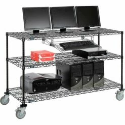Nexel™ 3-Shelf Mobile Wire Computer LAN Workstation w/Keyboard Tray, 60"W x 24"D x 40"H, Black