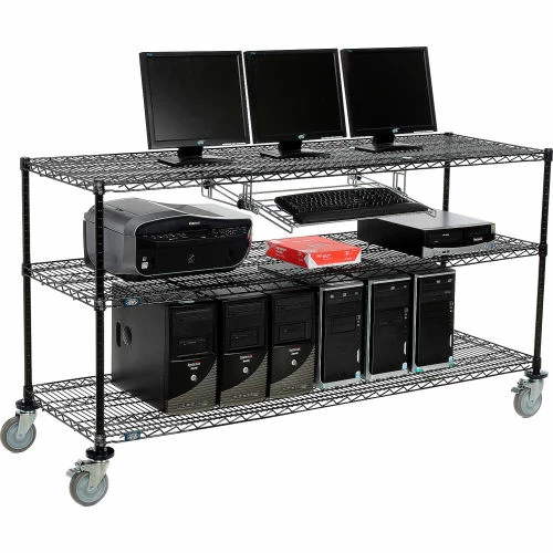 Nexel 3-Shelf Mobile Wire Computer LAN Workstation w/Keyboard Tray, 72"W x 24"D x 40"H, Black 1 Nexel 3-Shelf Mobile Wire Computer LAN Workstation w/Keyboard Tray, 72"W x 24"D x 40"H, Black