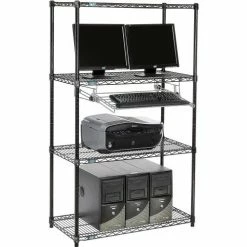 Nexel™ 4-Shelf Wire Computer LAN Workstation with Keyboard Tray, 36"W x 18"D x 63"H, Black