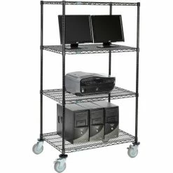 Nexel™ 4-Shelf Mobile Wire Computer LAN Workstation, 36"W x 24"D x 69"H, Black